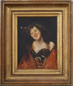 Antique Italian 19th Century Nicely Framed Young Woman Portrait Painting ATTR Juana Romani