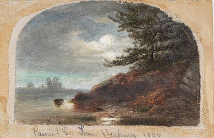 Signed 1866 Antique American Moonlit Hudson River School Nocturnal Landscape Oil Painting