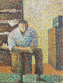 Vintage Pointillist Male Portrait Signed Interior Scene Oil Painting