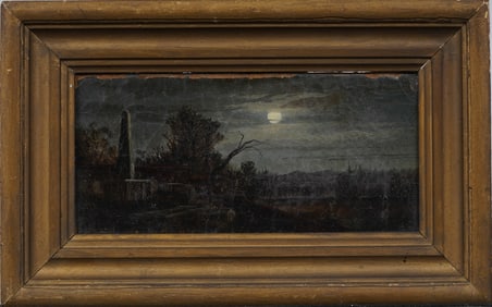 Antique American Moonlit Nocturnal Framed Landscape Oil Painting