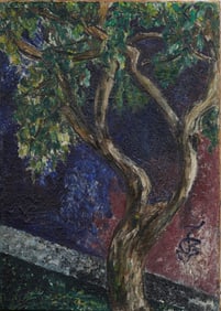 Antique American School Modernist Monogrammed Landscape Oil Painting