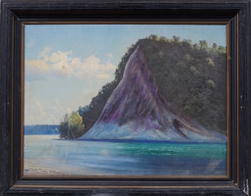 Large Antique American Impressionist Framed Coastal Scene Tropical Blue Waters Original Oil Painting