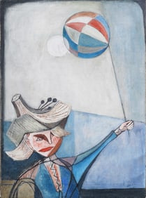 Antique American Surrealist Signed Harlin 40 Girl Holding Balloon Flirting with Moon Cubist Portrait