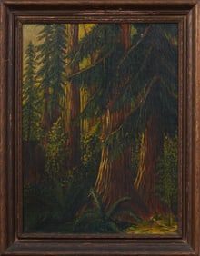 Antique American Sequoia Tree Forest Interior Signed Landscape Oil Painting