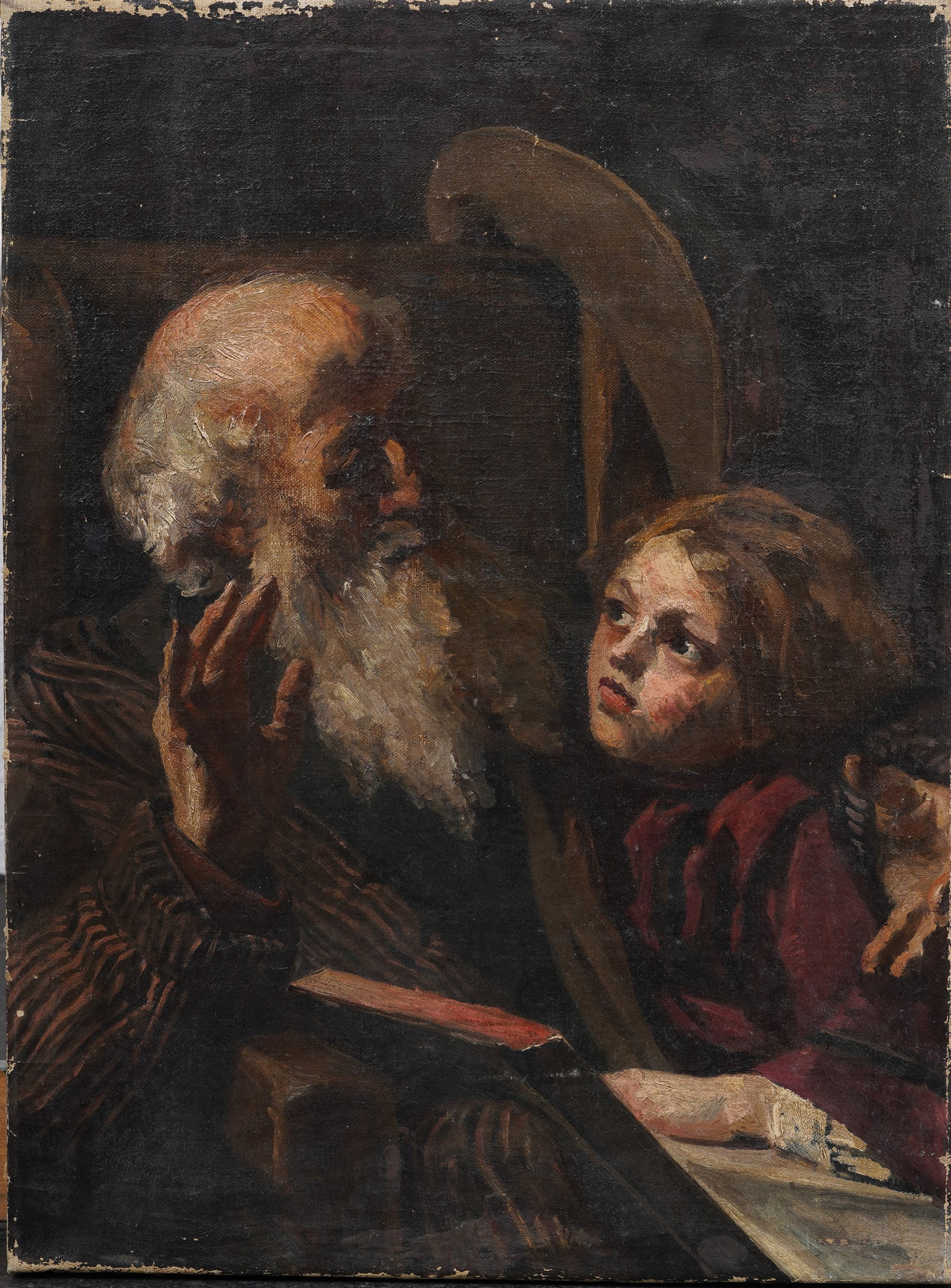 Antique Impressionist Portrait Paintng: Antique American impressionist portrait oil painting. Oil on canvas. Measuring 19.25 by 25.75 inches. Please see all images for condition. Size is measured and written on the back of the painting. The