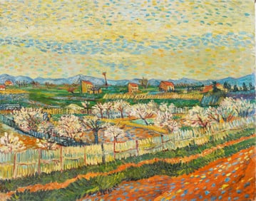 Antique European Pointillist Farm Landscape Large Oil Painting