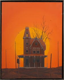 Peter Grant Signed Vintage American Modernist Sunset Landscape Architectural Oil Painting