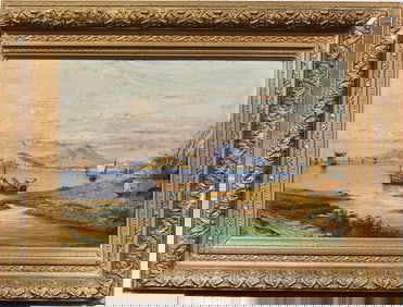 Signed Antique Italian Impressionist Coastal Mediterranean View Framed Original Oil Painting