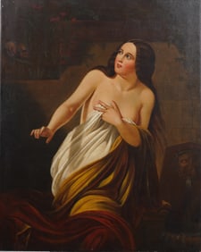 Large European Young Woman Nude Portrait Oil Painting