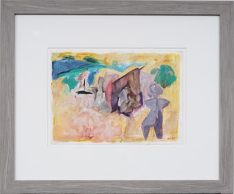 Vintage Modernist Landscape Framed Original Figural Painting Monogrammed "M.R. 67".