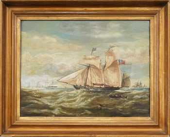 19th Century Nautical Seascape America's Cup Sailboat Race Framed Original Oil Painting