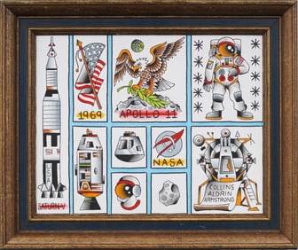 Vintage American School Modernist NASA Space Exploration Framed Original Painting