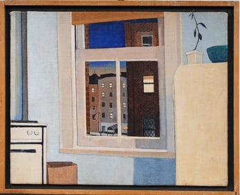 Amazing Vintage American Modernist New York City Trompe L'Oeil Cityscape Original Oil Painting