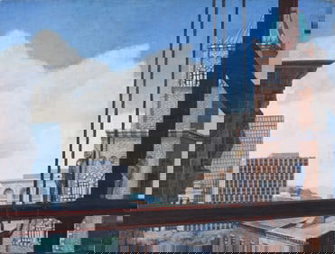 Rare Early American Modernist Steel Workers New York Cityscape Modernist Construction Oil Painting