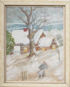 Jane Lehne 1947 Vintage American Modernist Winter Landscape Original Pastel Painting