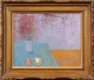 Sal Barracca (b1947) American Modernist Flower Still Life Kitchen Table Interior Framed Oil Painting