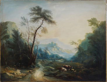 Antique European Large 18th/19th Century Sheep Grazing Mountain Landscape Oil Painting