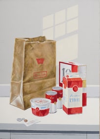 Vintage American Modernist Realist Interior Still Life Shopping Bag Oil Painting