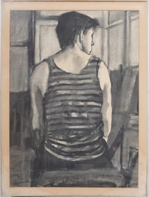 Signed American Modernist Interior Scene Portrait Painting Mid Century Modern Vintage Frame