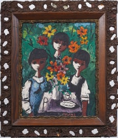 Nicholas Takis (1903-1965) Signed Greek American Modernist Young Kids at Picnic Framed Oil Painting