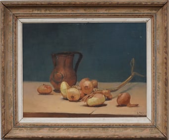 Finely Painted American Modernist Kitchen Still Life Onions on Table Signed "G. Tracy"