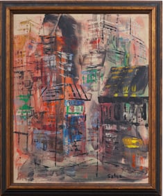 Vintage American Modernist Signed "Satya" Cityscape Abstract Framed Original Oil Painting