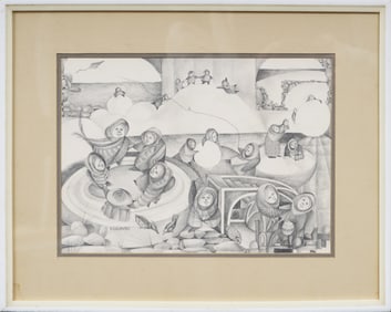 Vintage Surreal Figural Modernist  Drawing Framed and Signed "H. Schwartz"