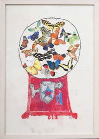 Robert Tucker Butterfly Gumball Machine Framed and Signed Modernist Surreal Still Life Painting