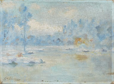 C.H. Sherman Signed Antique American Impressionist Snowy Winter Landscape Oil Painting