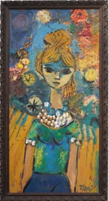 Vintage Nicely Framed American Modernist Young Woman Portrait Signed Tami