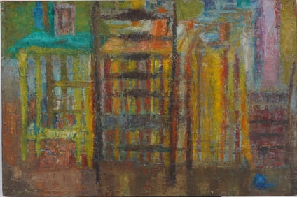 Jane Prout Listed American Modernist Important Woman Artist Abstract Interior Scene Oil Painting