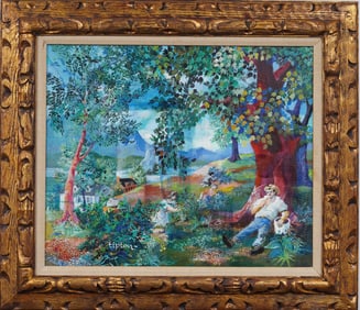 Vintage American School Modernist Farm Landscape "Lunch Break" Signed Tipton Oil Painting