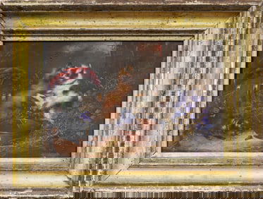 Antique European Dog Portrait Framed Landscape Oil Painting