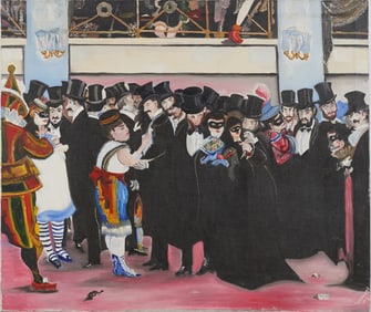 Bustling American or European School Modernist Masquerade Scene Signed Oil Painting