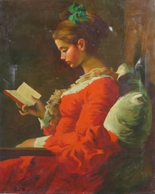 Vintage American School Girl Reading Interior Scene Portrait Original Oil Painting