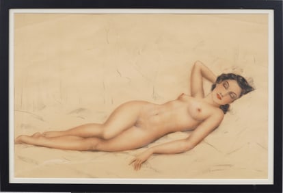 Signed Vintage Finely Painted Large Nude Pin Up Woman Portrait Framed Painting