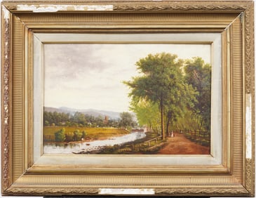 Antique English 19th Century Framed Landscape River Scene Oil Painting