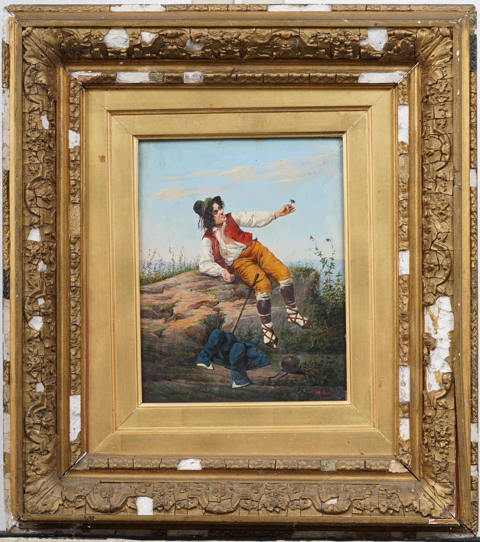 Antique Signed 1880 Realist Italian 19th Century Boy Picking Flowers Male Portrait Oil Painting (1 of 6)