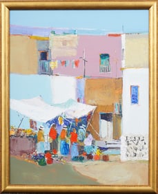 Antique European Impressionist Market Scene Framed Oil Painting