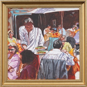 Signed Vintage Impressionist European Cafe Scene Framed Oil Painting