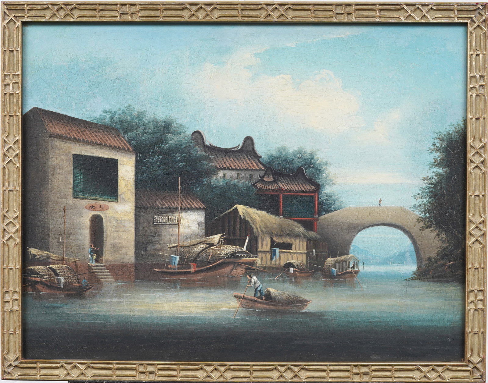 19th Century Antique China Trade Chinese Landscape Framed Oil Painting (1 of 5)