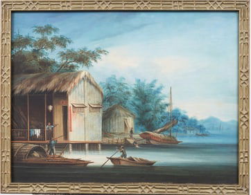 19th Century Antique China Trade Chinese Landscape Framed Oil Painting