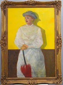Antique American Modernist Woman Portrait Large Framed Original Oil Painting