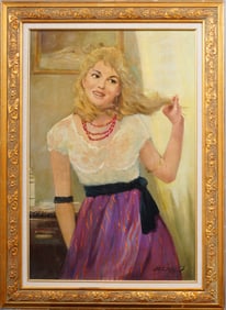 Antique American Impressionist Woman Portrait Large Framed Original Signed Oil Painting