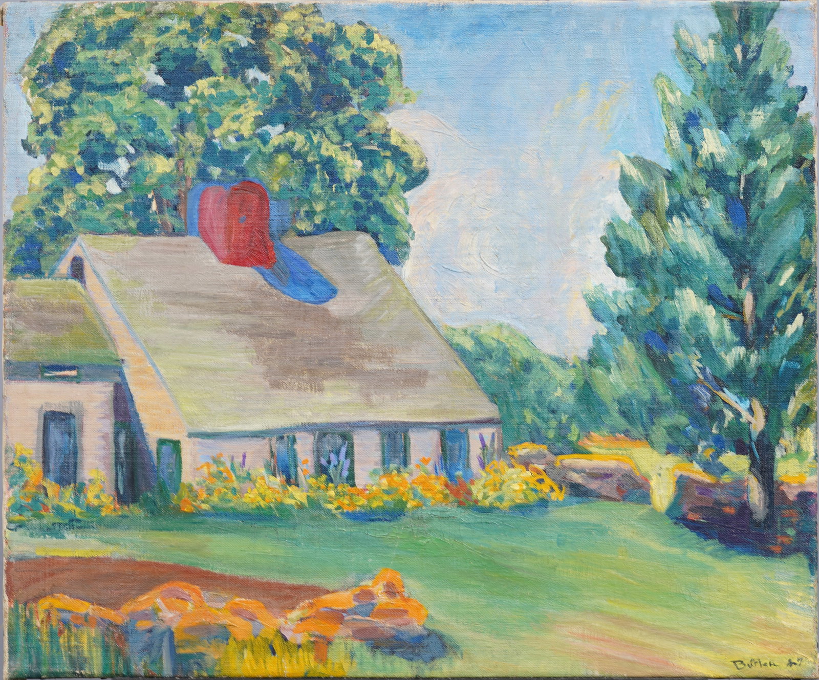 M Butler Signed Pennsylvania Academy of Fine Art Impressionist Landscape Oil Painting: Antique American impressionist oil painting. Oil on canvas. Signed. Measuring 20 by 24 inches. Please see all images for condition. Size is measured and written on the back of the painting. The first 