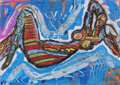 Vintage Signed Outsider Art Abstract Portrait Original Mid Century Oil Painting