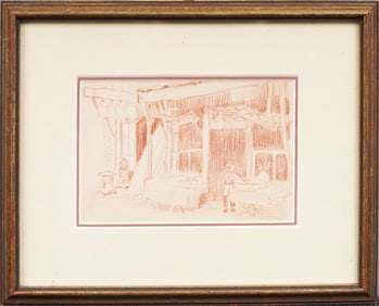 Vintage Interior Scene Framed Original Bakery Drawing