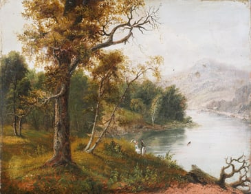 Antique American Early 1800's American School Mountain Landscape Oil Painting with Figures