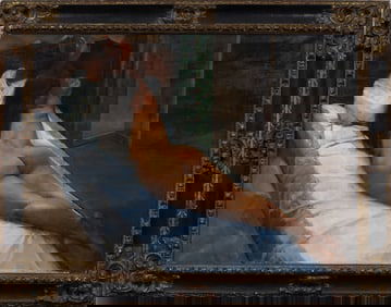 Monumental American School Modernist Interior Nude Woman Portrait Framed Signed Oil Painting