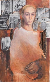 Vintage American Modernist Mixed Media Collage Oil Painting Portrait of a Woman